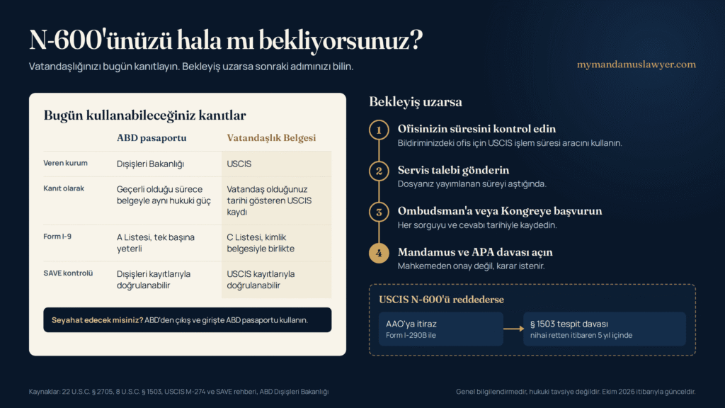 ABD pasaportu ile Vatandaşlık Belgesini karşılaştıran, servis talebinden mandamus davasına uzanan adımları ve N-600 reddinde itiraz yolunu gösteren infografik