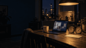 Computadora portátil abierta en una videollamada sobre la mesa de una cocina de noche, junto a dos relojes con horas distintas, que representa una visa de cónyuge en procesamiento administrativo.